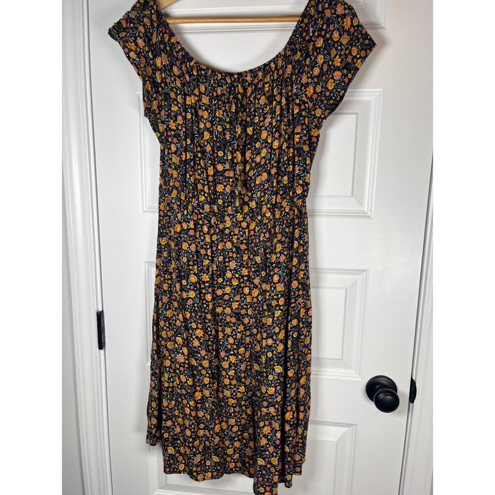 Indigo Rose Women Floral Smocked Rayon Mini Dress Navy Blue Boho Short Sleeve